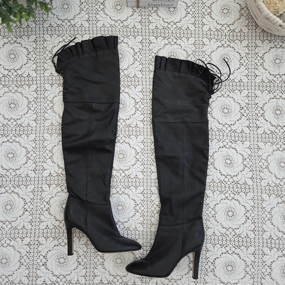 Kelsi Dagger Black Over-the-Knee Lace-Up Ruffled Cuff Stiletto Boots Size 10 - Picture 2 of 8